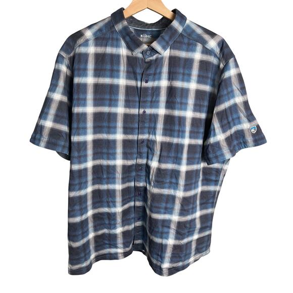 Kuhl XL Wildfiber 100% Organic Cotton Short Sleeve Blue Button Up Shirt Plaid - Picture 1 of 5